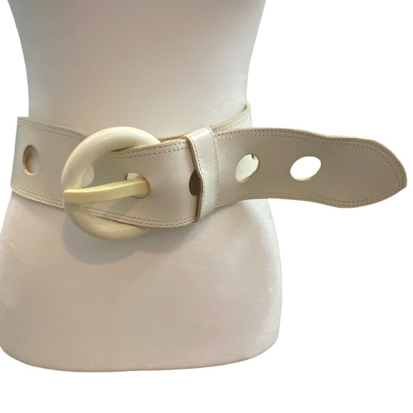 MINORONZONI Italian White Wide Leather Belt size Large Oversized Buckle Vintage - Picture 4 of 10